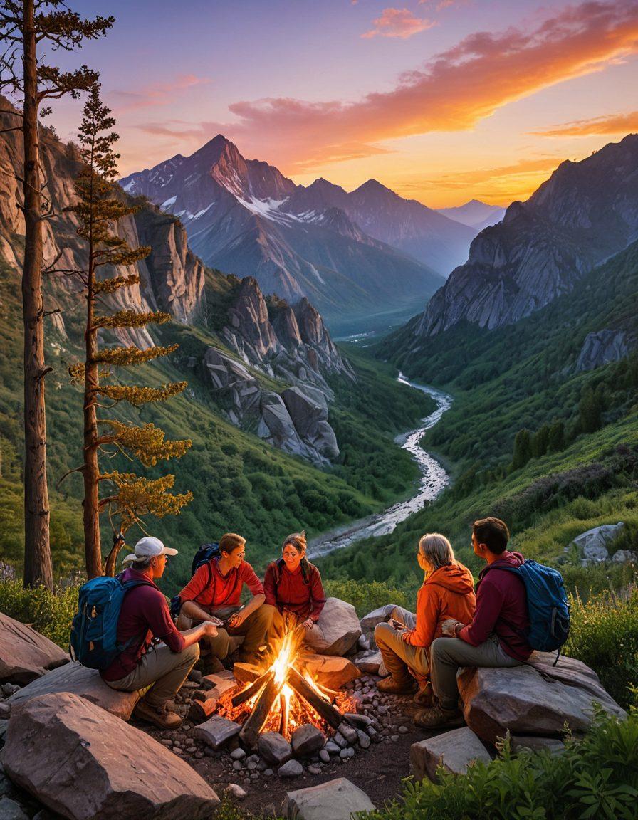 A breathtaking landscape of rugged trails winding through majestic mountains, with a hiker pausing to gaze at the scenery, embodying the spirit of adventure. In the foreground, a campfire crackles beside a storyteller sharing tales with companions, surrounded by lush greenery. The sky is painted with the warm hues of sunset, symbolizing hope and inspiration. super-realistic. vibrant colors. dynamic composition.