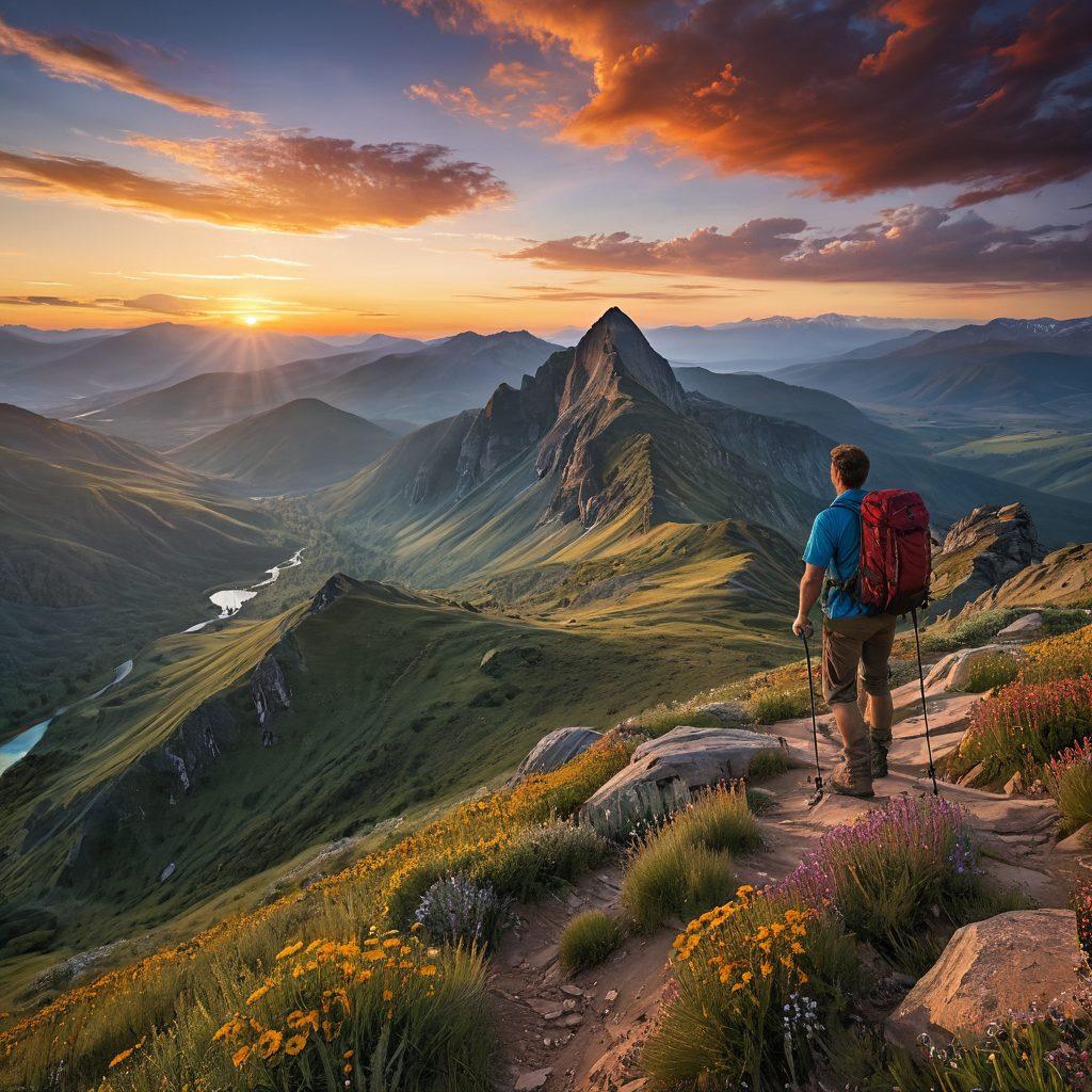 A breathtaking landscape showcasing a hiker standing on a mountain peak, overlooking a vast valley filled with lush greenery and winding trails. The hiker, equipped with a backpack and a walking stick, gazes into the horizon, symbolizing the spirit of exploration. Incorporate elements like a vibrant sunset casting warm hues across the sky and distant silhouettes of mountains. Add scattered wildflowers in the foreground to enhance the sense of adventure. super-realistic. vibrant colors. dramatic lighting.