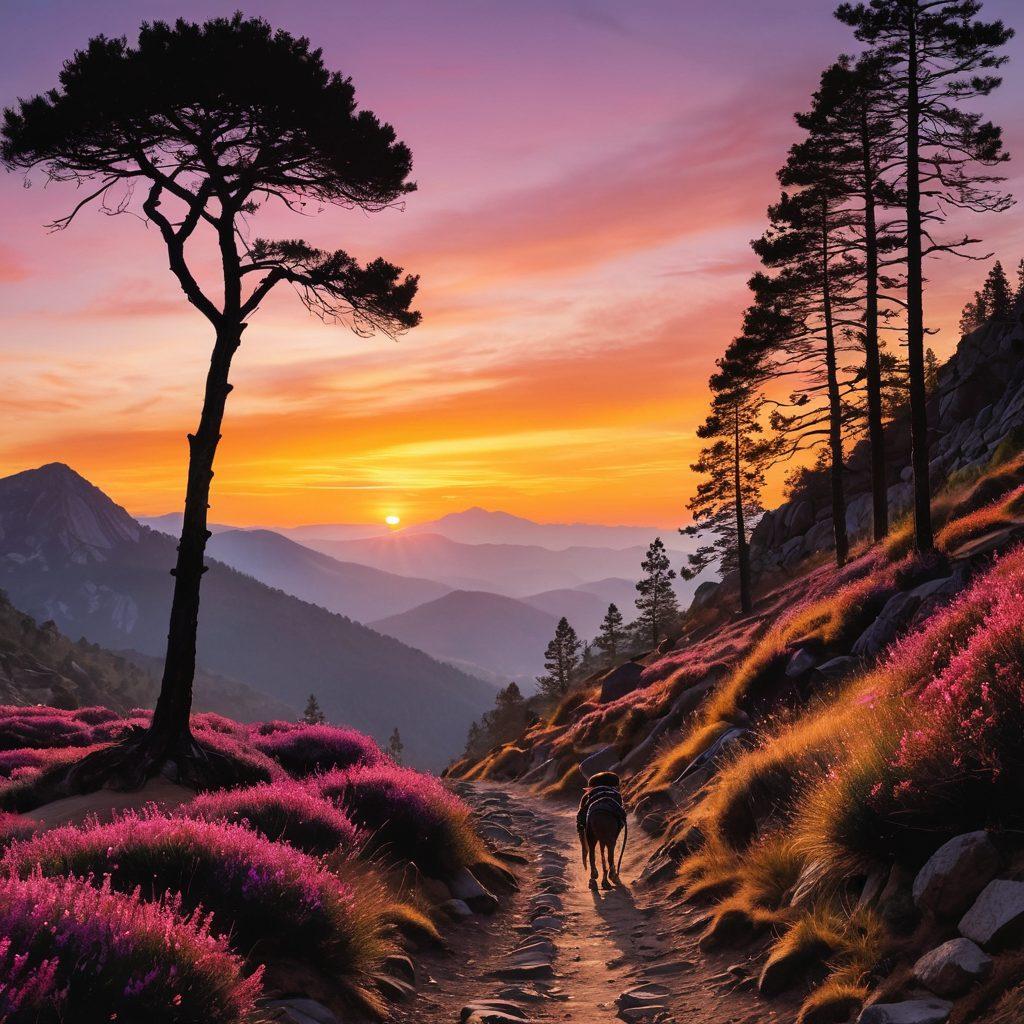 A picturesque mountain landscape with a winding rugged trail leading through rocky terrain. A silhouette of a person with a backpack conquering the path, surrounded by tall pine trees and a sunset casting warm hues across the sky. Elements like climbing gear and a dog companion add to the adventure theme. super-realistic. vibrant colors. nature-inspired.